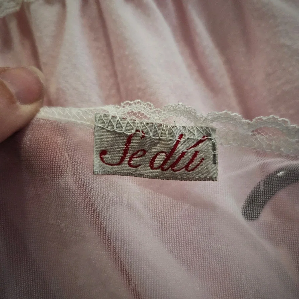 Vintage 70s Sedu Sheer Pink‎ Lace Trim Short Sleeve Kimono Robe One Size